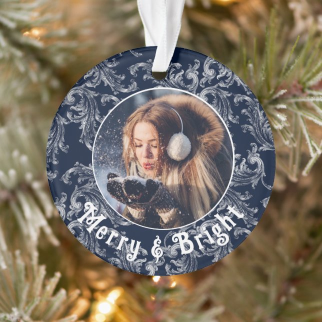 Merry & Bright Photo Personalized Blue Vintage Ornament (Tree)