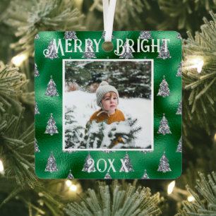 Merry & Bright Photo Personalized Metallic Glitter Metal Ornament