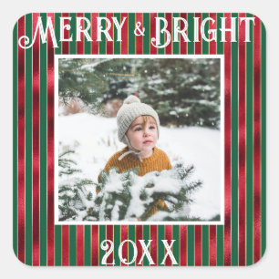 Merry & Bright Photo Red Green Metallic Square Sticker