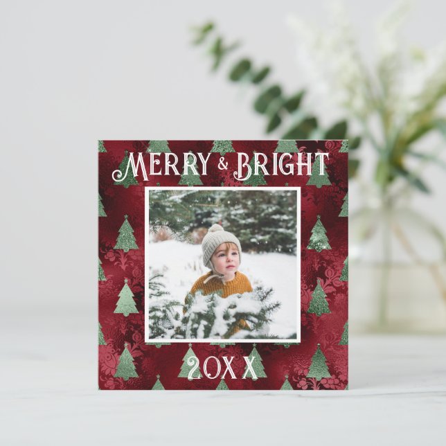 Merry & Bright Photo Red Metallic Glitter Holiday Card (Standing Front)