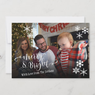 Merry & Bright, Photo, Snowflakes & Editable Color Holiday Card