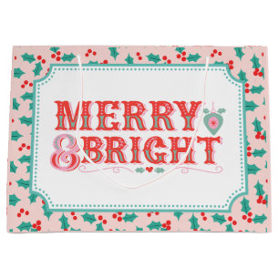Merry & Bright Pink and Red Holly Large Gift Bag