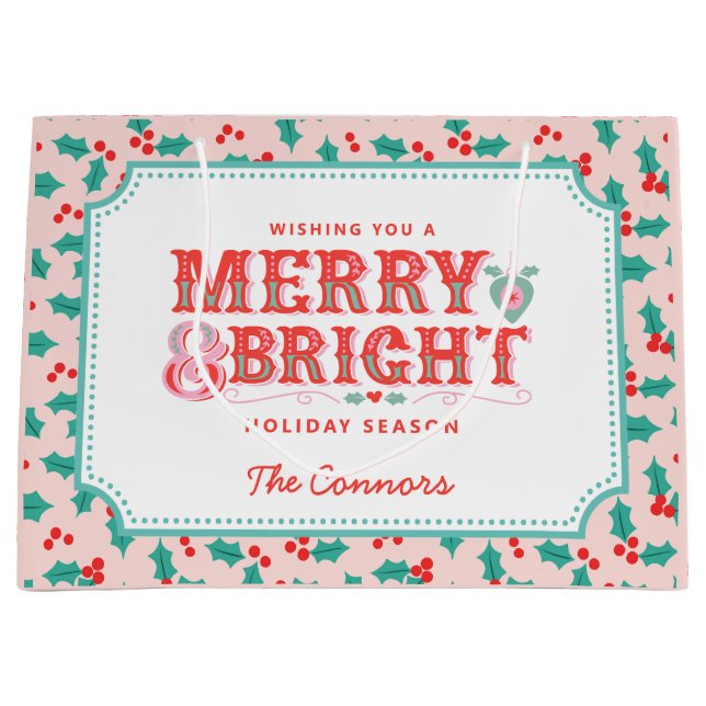 Merry & Bright | Pink and Red Holly | Personalized Large Gift Bag (Front)