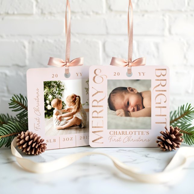 Merry & Bright Pink Baby First Christmas Photos Metal Ornament (Merry & Bright Pink Baby First Christmas Photos Metal Ornament)