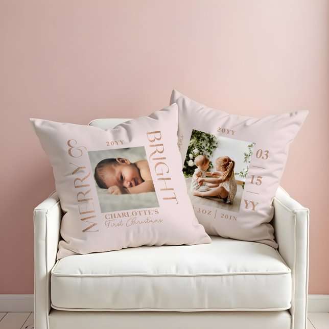 Merry & Bright Pink Baby First Christmas Photos Throw Pillow (Merry & Bright Pink Baby First Christmas Photos Throw Pillow)