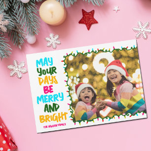 Merry Bright Pink Blue Christmas Lights Photo Holiday Card