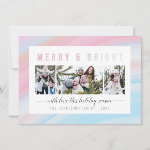 Merry & Bright Pink & Blue Pastel Christmas Photo Holiday Card