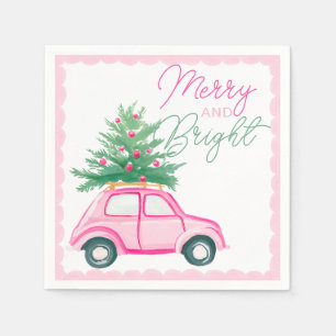 Merry & Bright Pink Christmas Car Christmas Tree Napkins