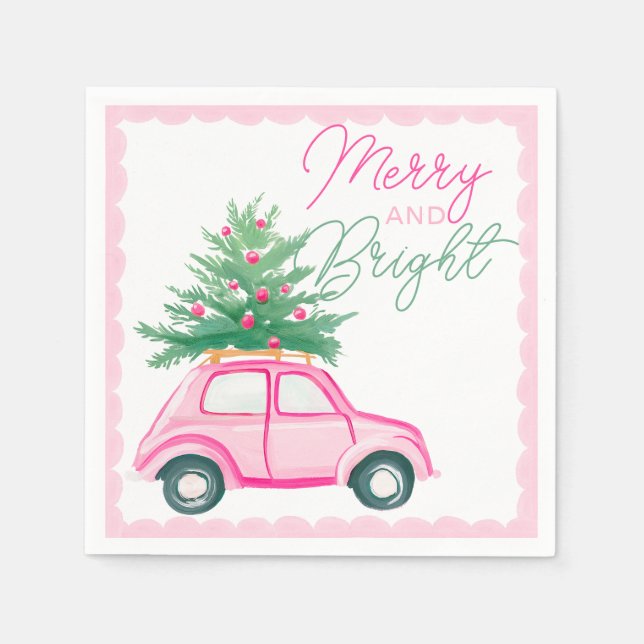 Merry & Bright Pink Christmas Car Christmas Tree Napkins (Front)
