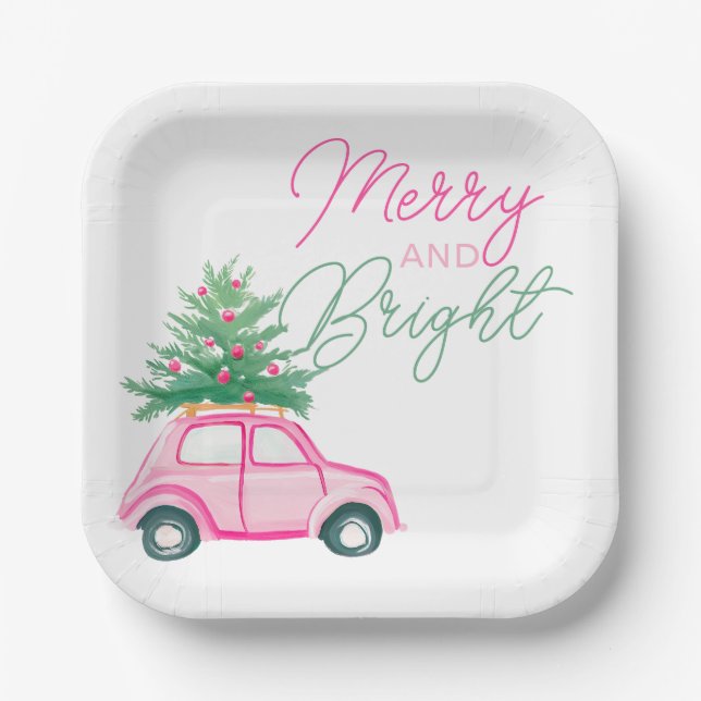 Merry & Bright Pink Christmas Car Christmas Tree Paper Plates (Front)