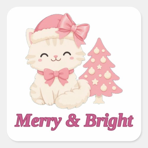 Merry & Bright Pink Christmas Cat Sticker