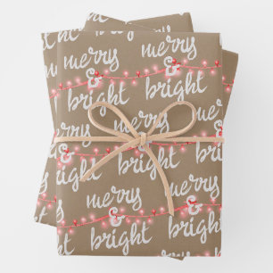 Merry & Bright Pink Christmas Tree Lights Kraft Wrapping Paper Sheets