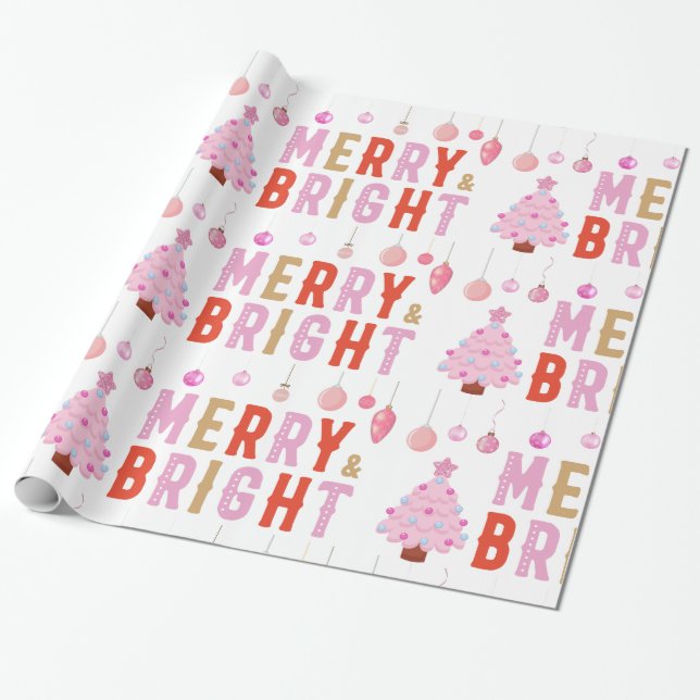 Merry & Bright Pink Christmas Tree Wrapping Paper (Unrolled)