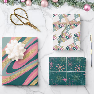 Merry Bright pink green gold snowflake retro swirl Wrapping Paper Sheets