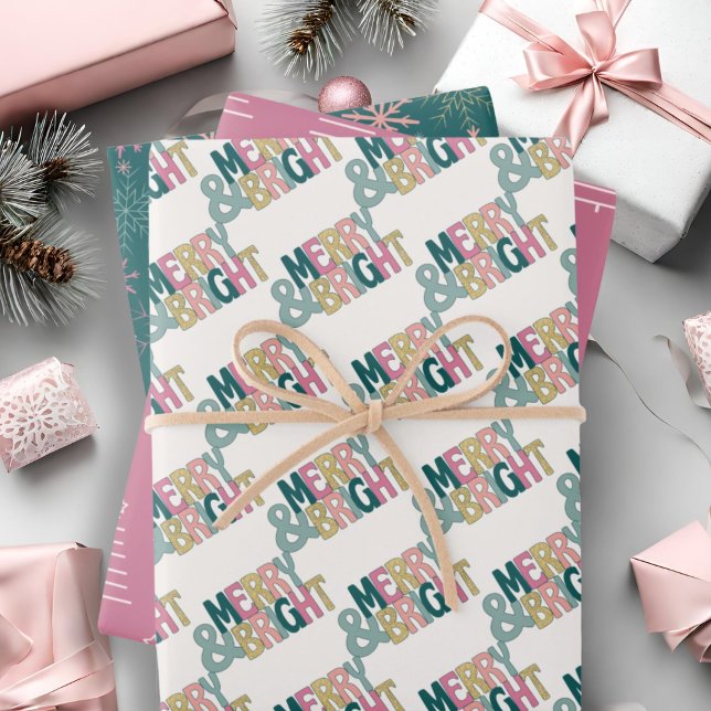 Merry & Bright pink green gold snowflakes & trees Wrapping Paper Sheets (Creator Uploaded)