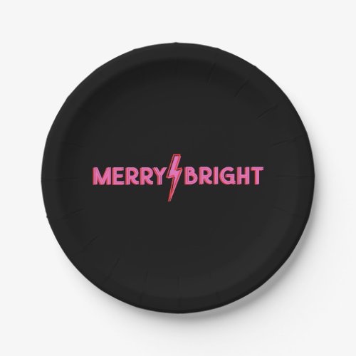Merry  Bright Pink Lightning Bolt Christmas Paper Plates