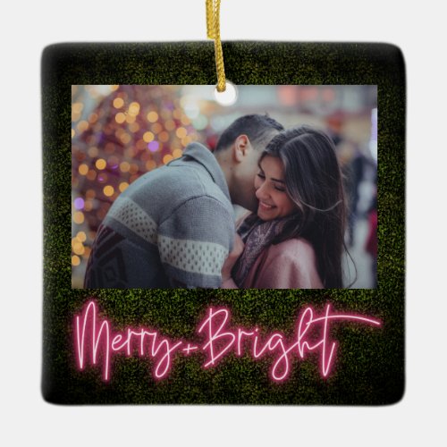 Merry  Bright Pink Neon Boxwood Christmas Photo Ceramic Ornament