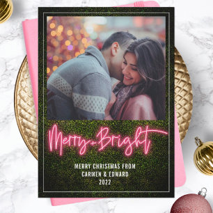 Merry + Bright Pink Neon Boxwood Christmas Photo Holiday Card