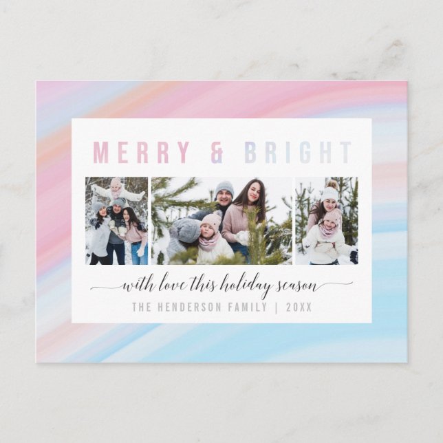 Merry & Bright Pink Pastel Holiday Photo Collage Postcard (Front)