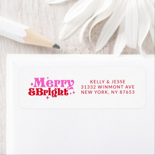 Merry  Bright Pink  Red Retro Christmas Address Label