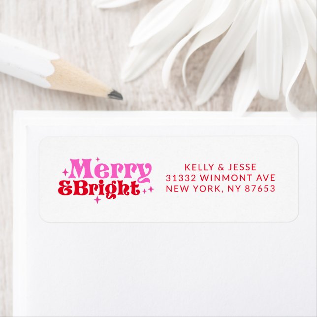 Merry & Bright Pink & Red Retro Christmas Address Label (Insitu)