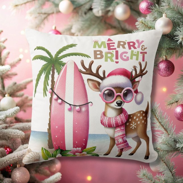 Merry & Bright Pink Tropical Reindeer Throw Pillow (Creator Uploaded)