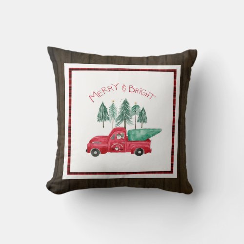 Merry Bright Plaid Gnome Farmhouse Red Truck Wood Throw Pillow