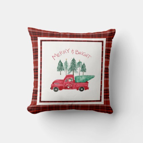 Merry Bright Plaid Gnome Vintage Red Truck Trees Throw Pillow