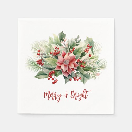 Merry Bright Poinsettia Berries Christmas Holiday Napkins