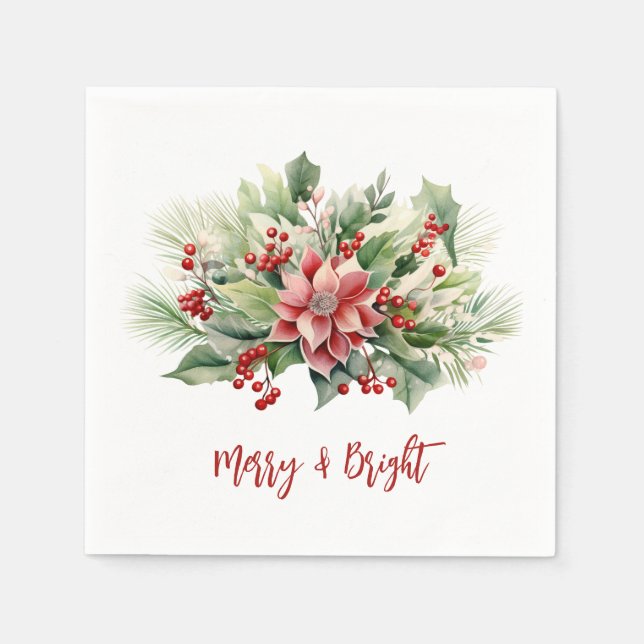 Merry Bright Poinsettia Berries Christmas Holiday Napkins (Front)