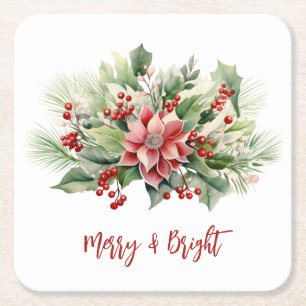 Merry Bright Poinsettia Berries Christmas Holiday Square Paper Coaster