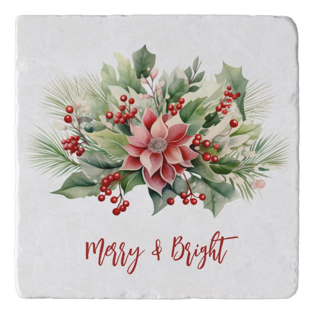 Merry Bright Poinsettia Berries Christmas Holiday Trivet (Front)