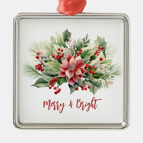 Merry  Bright Poinsettia Red Berries Christmas Metal Ornament