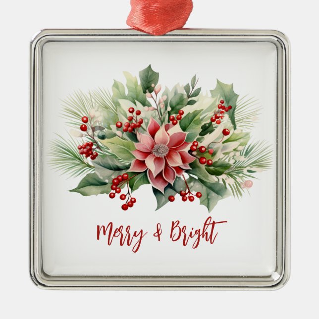 Merry & Bright Poinsettia Red Berries Christmas Metal Ornament (Front)