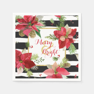 Merry & Bright Poinsettias, Black Stripe Napkins