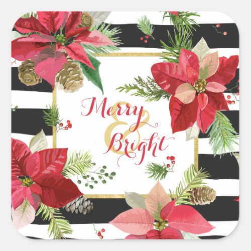 Merry  Bright Poinsettias Black Stripe Stickers