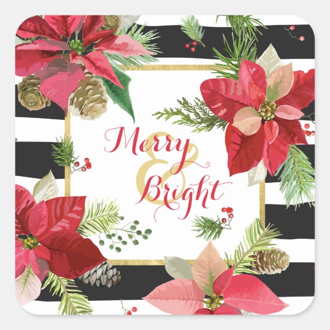 Merry & Bright Poinsettias, Black Stripe Stickers (Front)