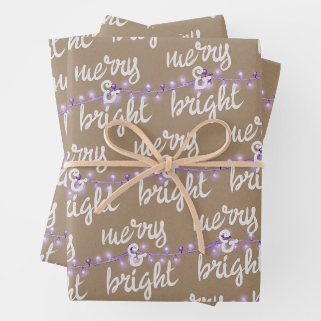 Merry & Bright Purple Christmas Tree Lights Kraft Wrapping Paper Sheets (In situ)