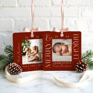 Merry & Bright Red Baby First Christmas Photos Metal Ornament