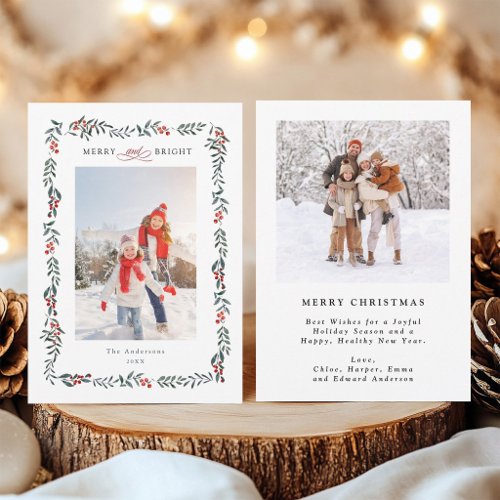 Merry & Bright Red Berry Greenery 2 Photo Holiday Card