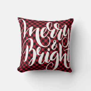 Merry Bright Red Black Buffalo Plaid Tartan Xmas Throw Pillow