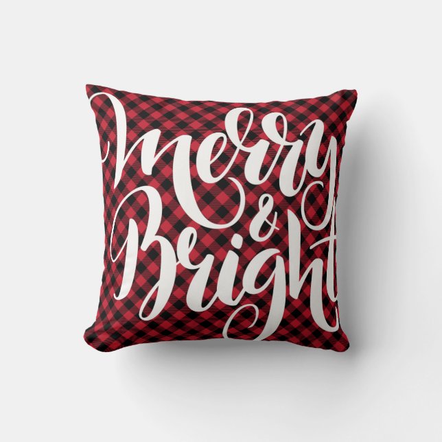 Merry Bright  Red Black Buffalo Plaid Tartan Xmas Throw Pillow (Front)