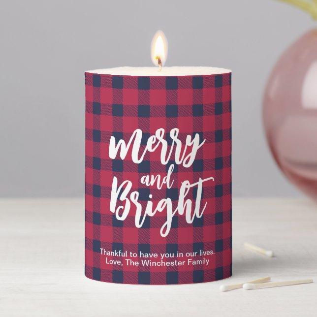 Merry & Bright red blue white script buffalo plaid Pillar Candle (In Situ)