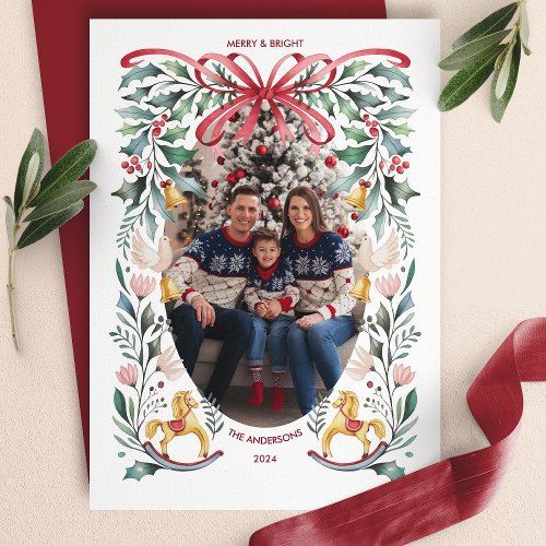 Merry &Amp;Amp; Bright Red Bow Floral Christmas Photo Holiday Card