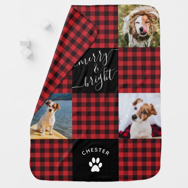 Merry Bright Red Buffalo Plaid Christmas Pet Photo Baby Blanket (In Situ)