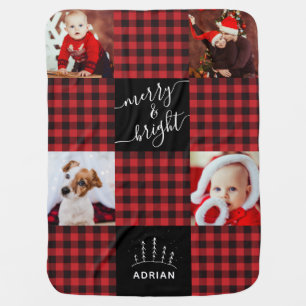 Merry & Bright Red Buffalo Plaid Christmas Photo Baby Blanket