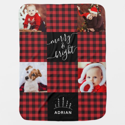 Merry  Bright Red Buffalo Plaid Christmas Photo Baby Blanket