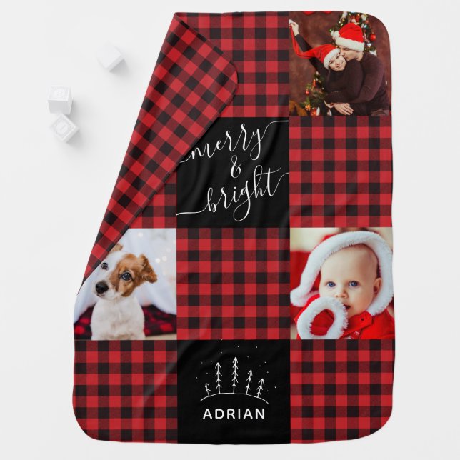 Merry & Bright Red Buffalo Plaid Christmas Photo Baby Blanket (In Situ)