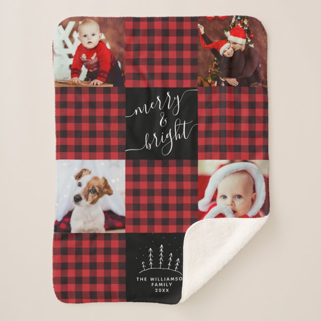 Merry & Bright Red Buffalo Plaid Christmas Photo Sherpa Blanket