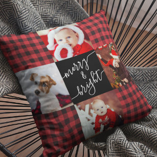 Merry & Bright Red Buffalo Plaid Christmas Photo Throw Pillow